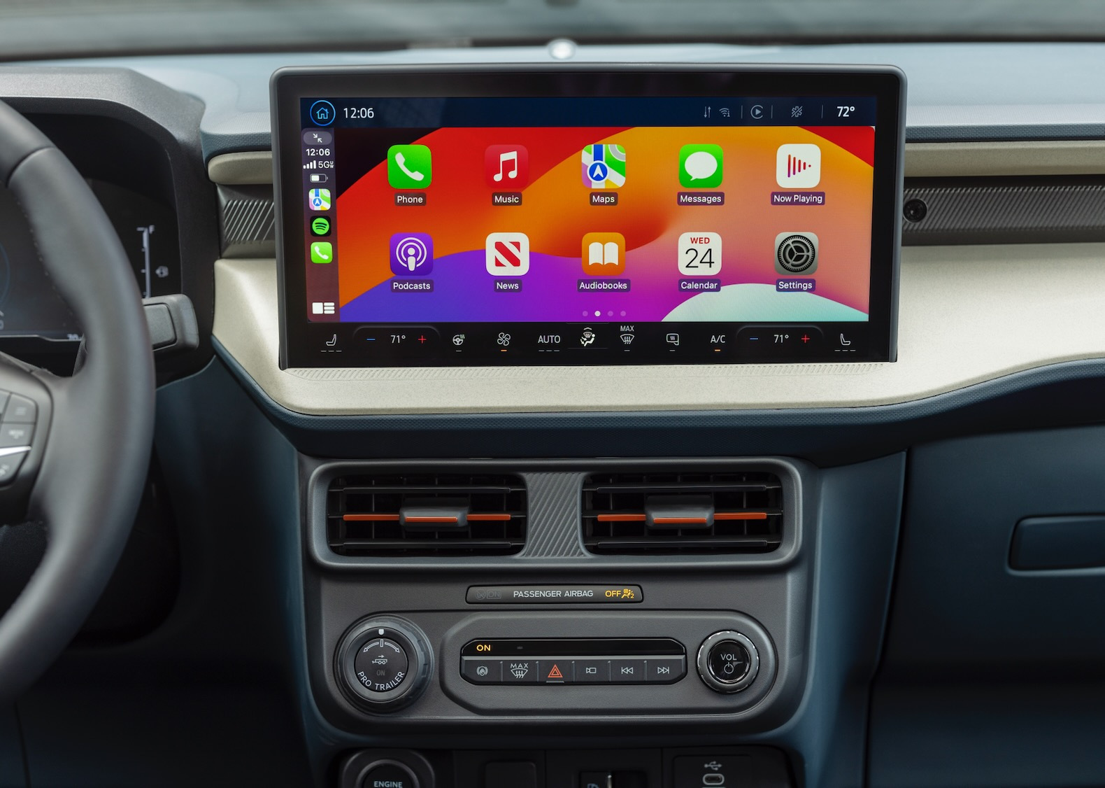 Preproduction model shown. Available late 2024. Compatible Android or Apple phone with compatible active data plan and software required. SYNC® 4 does not control third-party products while in use. Third parties are solely responsible for their respective functionality. Apple CarPlay is a trademark of Apple Inc., registered in the U.S. and other countries. Don’t drive while distracted or while using handheld devices. Use voice-operated systems when possible. Some features may be locked out while the vehicle is in gear. Not all features are compatible with all phones.