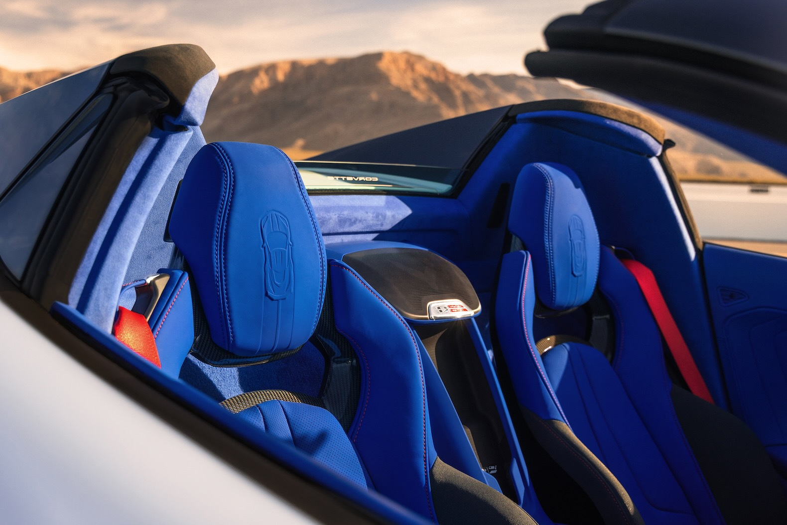 The 2027 Chevrolet Corvette Grand Sport Launch Edition features embossed headrests in Santorini Blue-Dipped interior.