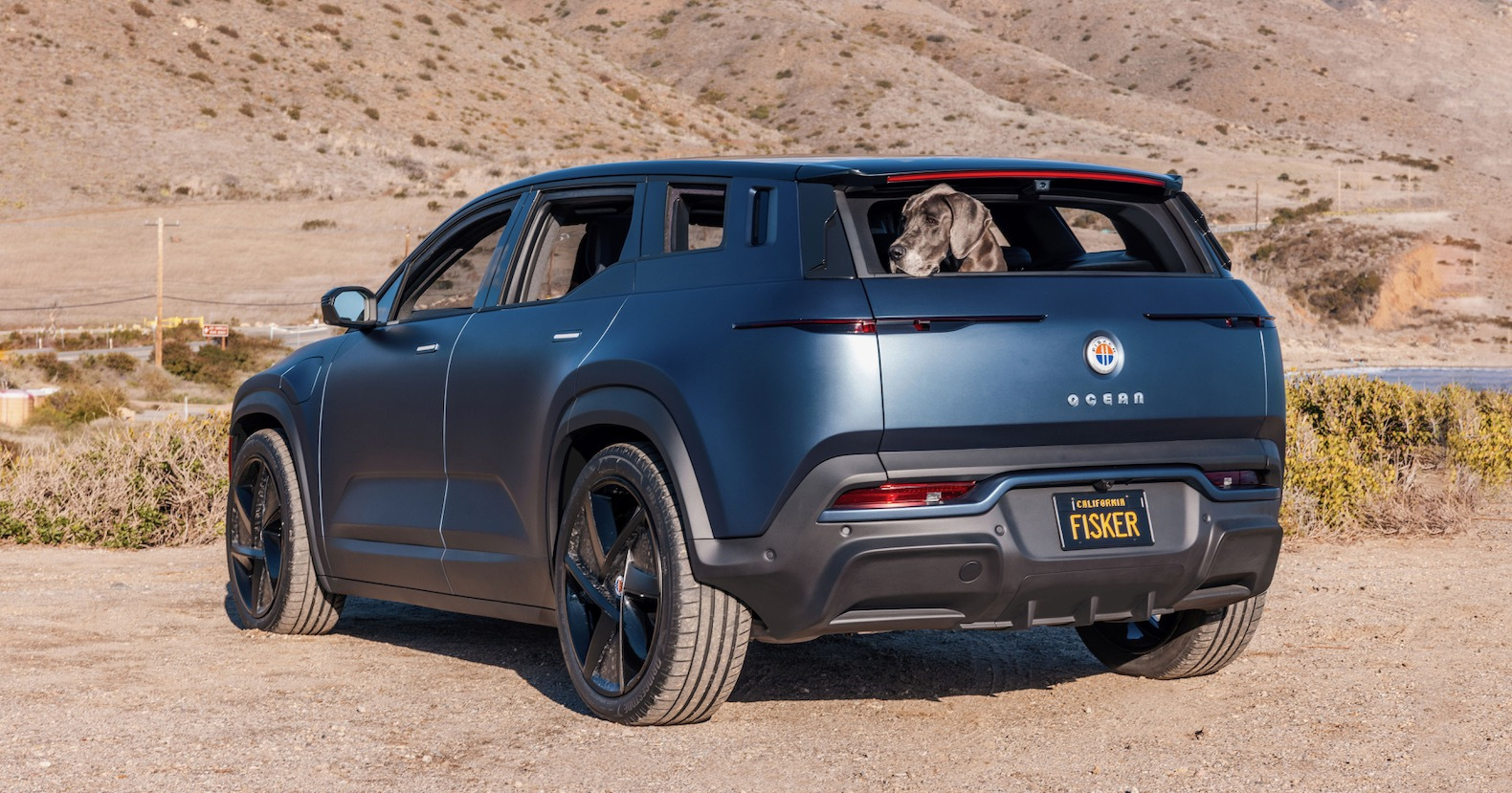 Fisker Ocean Big Sur Blue Matte in Leo Carrilo Beach; California Mode; Dog