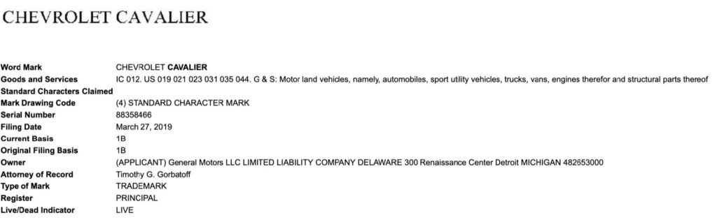 Chevrolet Cavalier trademark