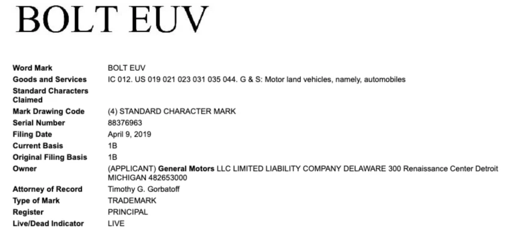 chevy bolt euv trademark