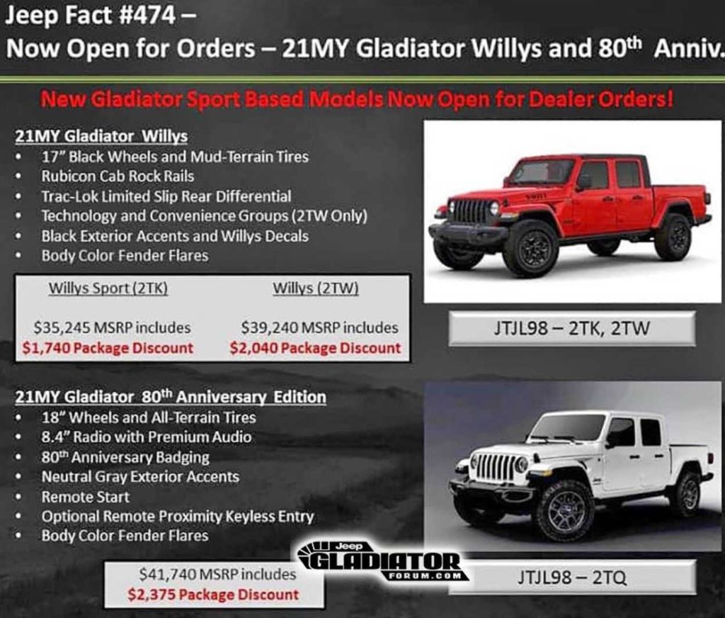 2021 Jeep Gladiator Willys and 80th Anniversary Editions