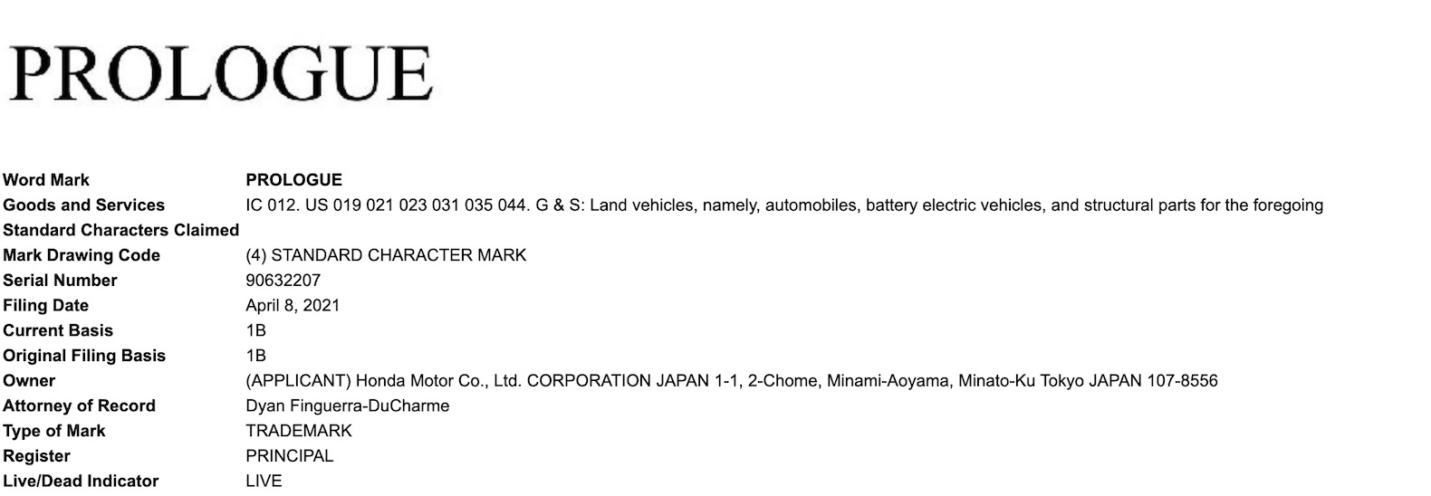 Honda Prologue Trademark