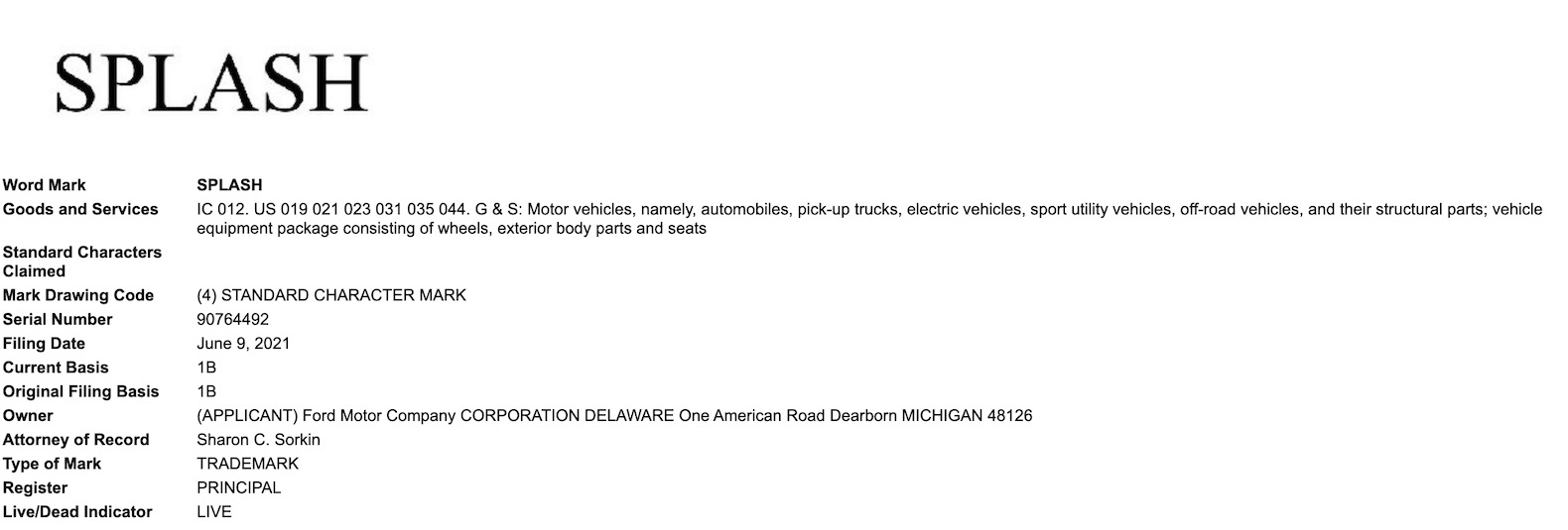 Ford Ranger Splash Trademark