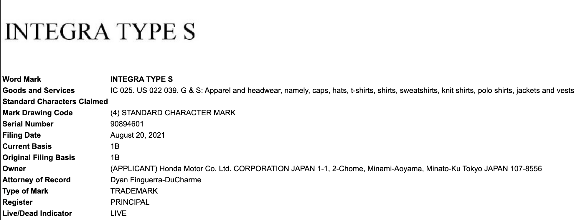 acura integra type s trademark
