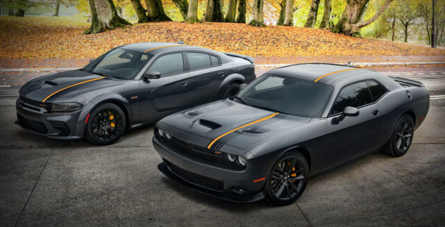 2022 Dodge Challenger GT RWD (near) and 2022 Dodge Charger Scat Pack Widebody, with HEMI® Orange appearance package.