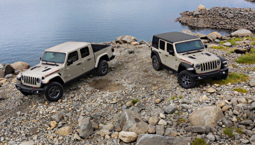 2022 Jeep Gladiator and 2022 Jeep Wrangler in limited-run Gobi exterior paint color.